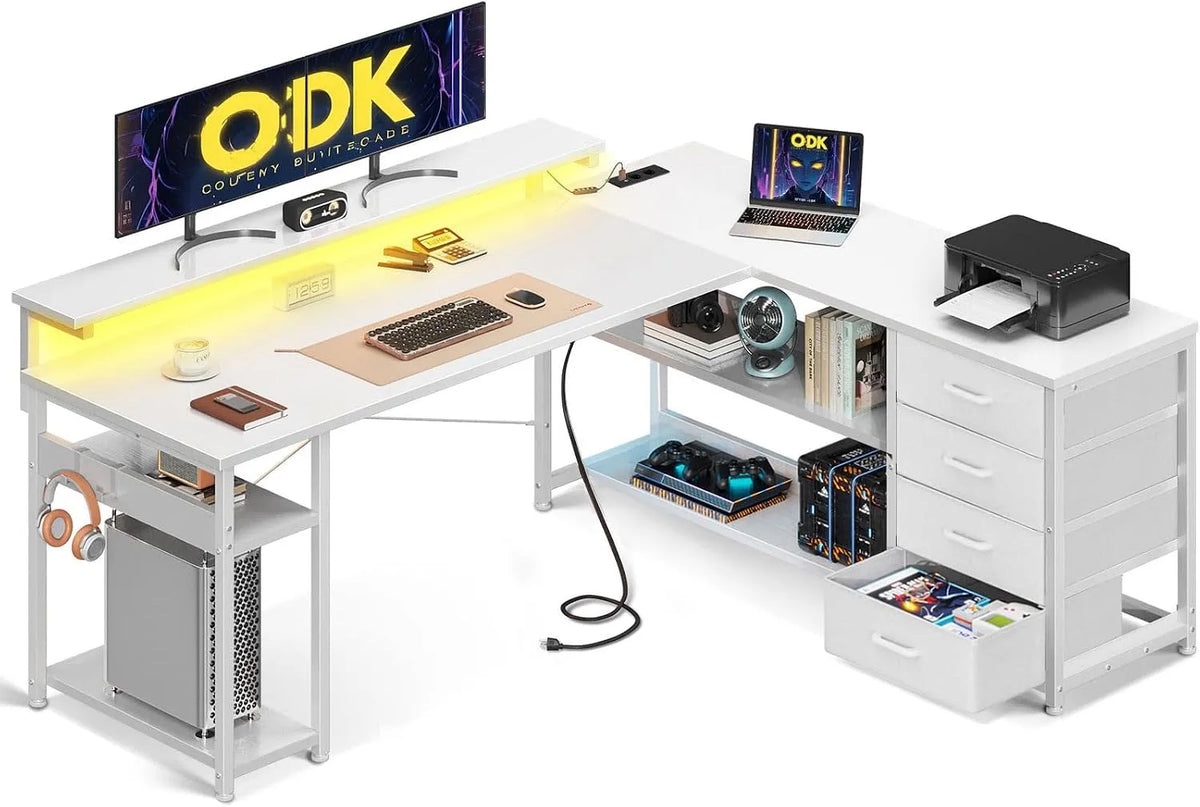 Biurko i stół komputerowy – z szufladami, z portem USB, wyświetlacz LED, do użytku domowego, 155×110cm, biały