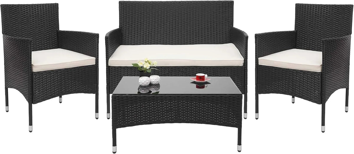 Sofa – HWC-F55, z poduszkami, z technorattanu, czarny