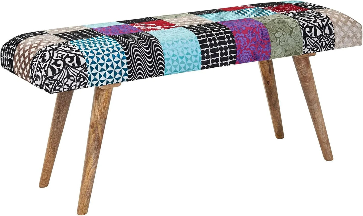 FineBuy ławka aksamit / ławka z litego drewna wielokolorowa 117x51x38 – tapicerka materiałowa, z drewna, z oparciem, tapicerka aksamitna, 117 × 51 ×