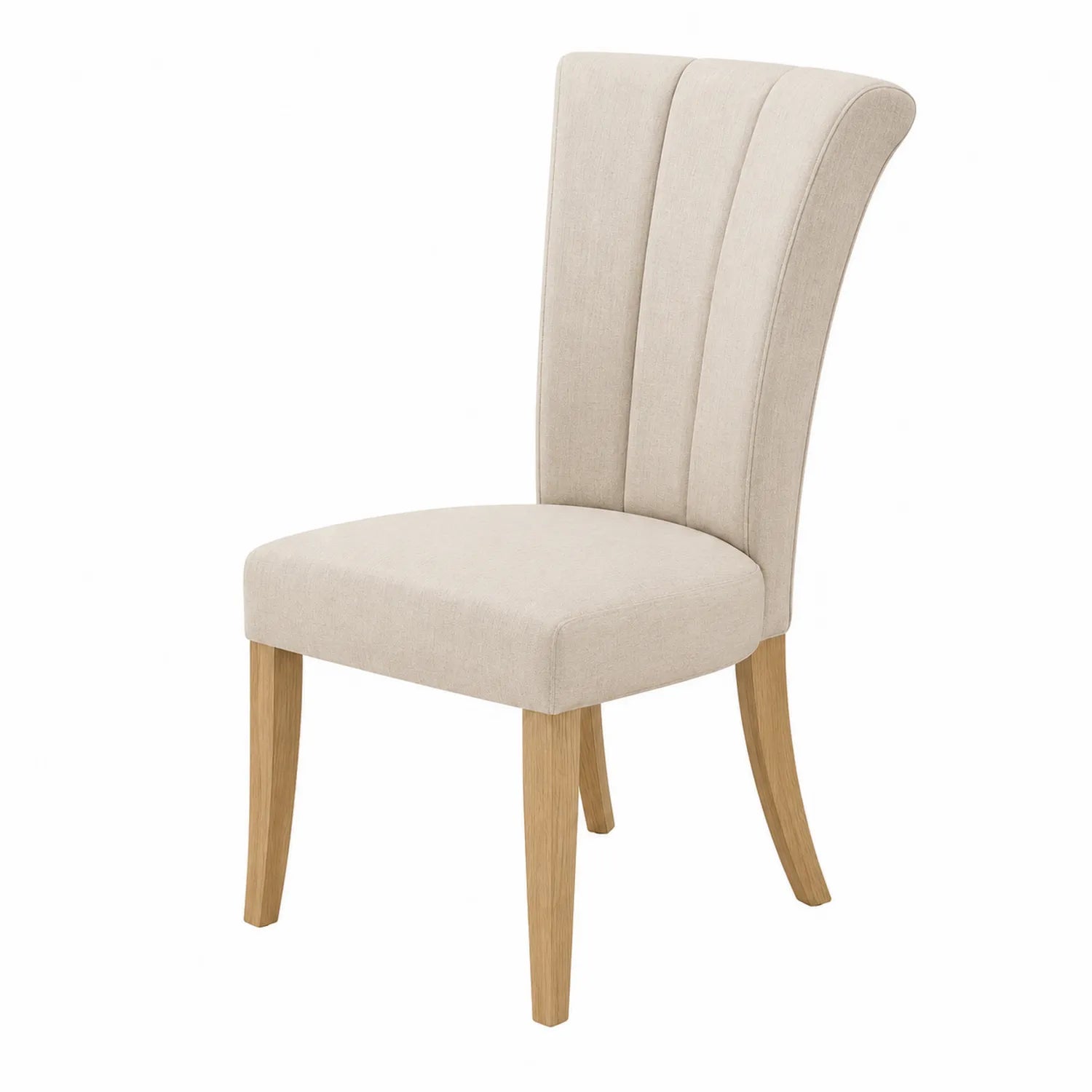Silla de comedor tapizada en poliéster beige con patas de madera de roble