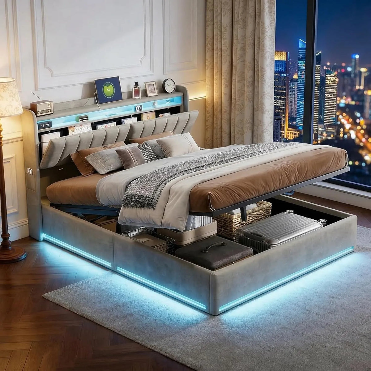 Łóżko 160x200 z pojemnikiem i oświetleniem LED: wyświetlacz LED, 160 × 200, tapicerka materiałowa