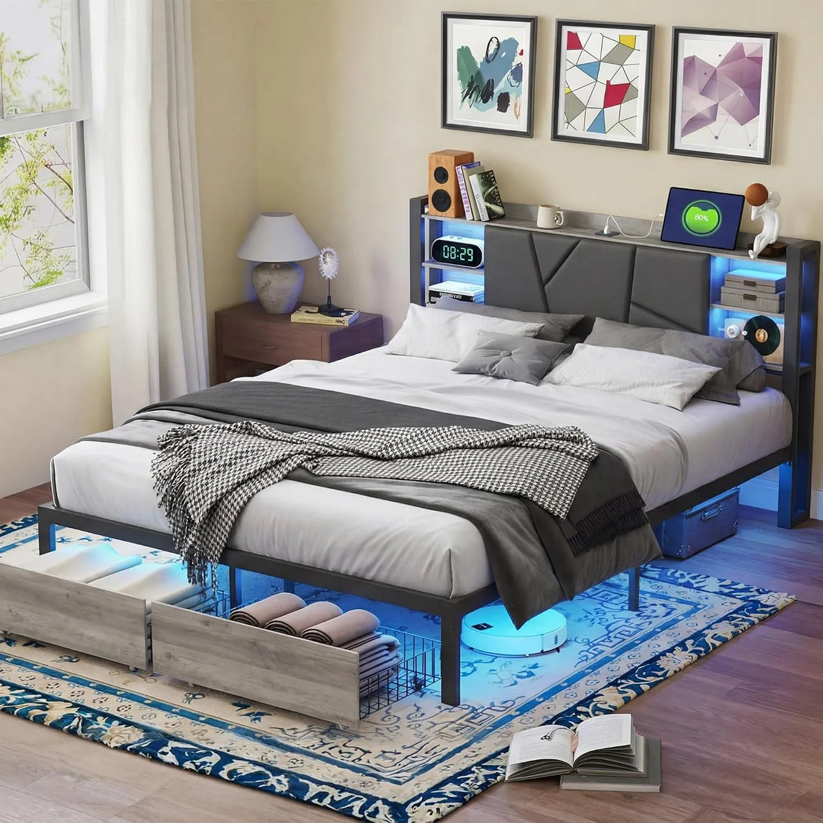 Łóżko tapicerowane i rama łóżka z obiciem: ze skóry PU, z szufladami, z portem USB, wyświetlacz LED, 2 szufladami, 140 × 200 cm, czarny