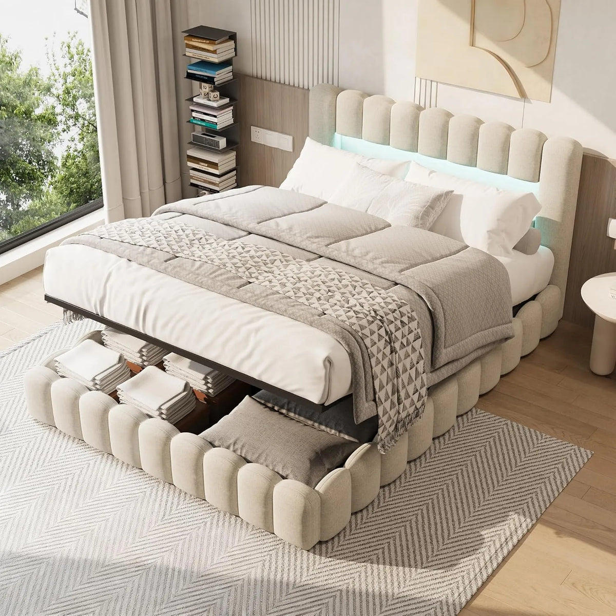Łóżko tapicerowane i rama łóżka z obiciem: z portem USB, wyświetlacz LED, 160 × 200 cm, beżowy, tapicerka materiałowa