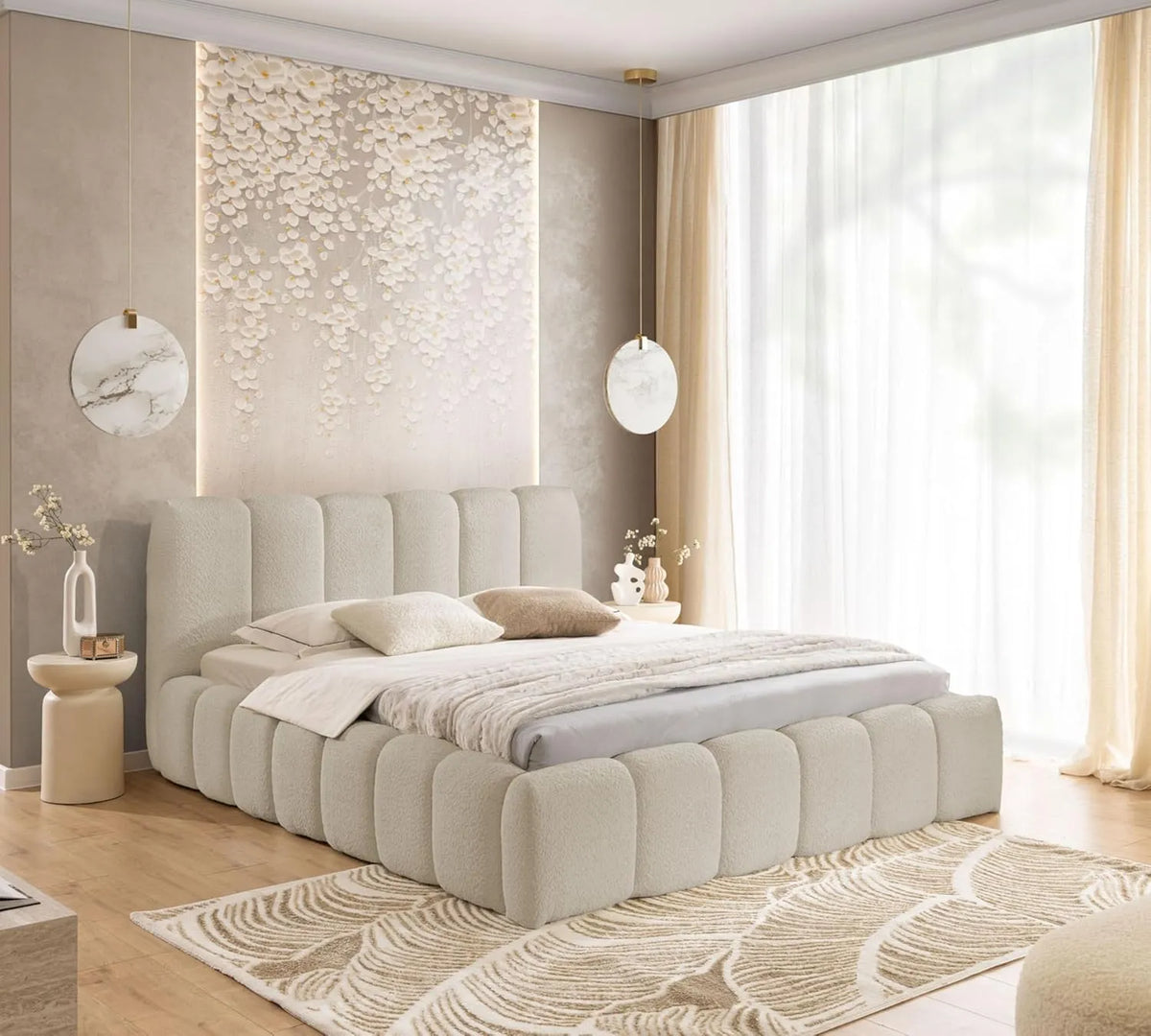 Łóżko tapicerowane i rama łóżka z obiciem — MIA, 160 × 200 cm, beżowy, tapicerka materiałowa
