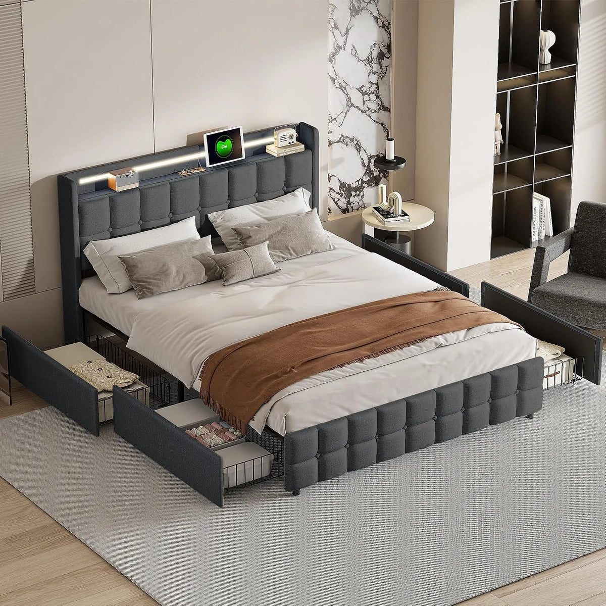 Łóżko tapicerowane i rama łóżka z obiciem — z szufladami, z portem USB, wyświetlacz LED, 4 szufladami, 160 × 200 cm, szary, tapicerka materiałowa
