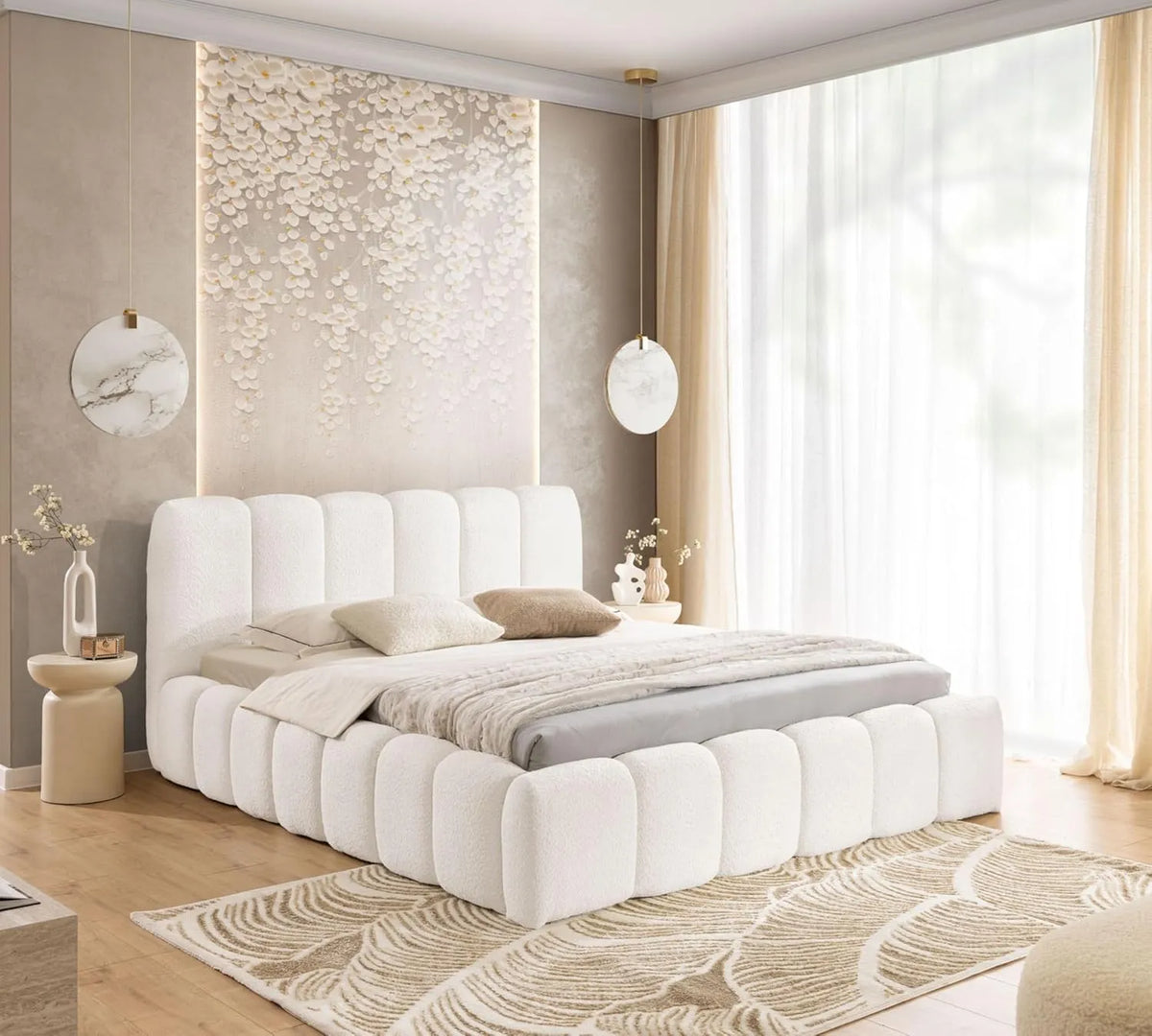 Łóżko tapicerowane i rama łóżka z obiciem — MIA, 160 × 200 cm, biały, tapicerka materiałowa