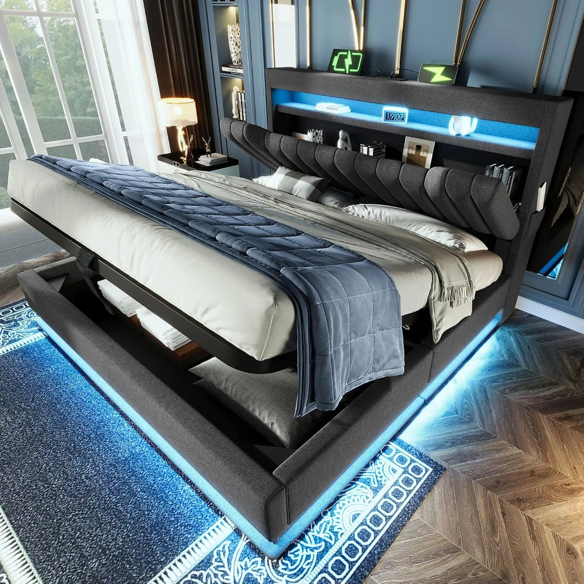 Łóżko tapicerowane i rama łóżka z obiciem — z portem USB, wyświetlacz LED, 160 × 200 cm, szary