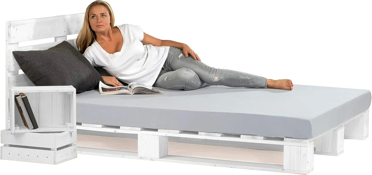 sunnypillow Łóżko z palet z zagłówkiem 80 – z drewna, 220, 240 × 200 cm, biały, z litego drewna