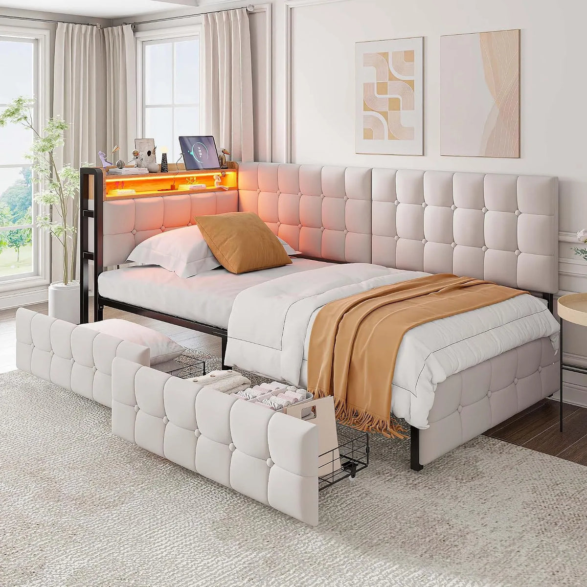 Łóżko ławkowe 90x200 cm: z szufladami, z portem USB, tapicerka aksamitna, wyświetlacz LED, 2 szufladami, 90 × 200 cm, beżowy