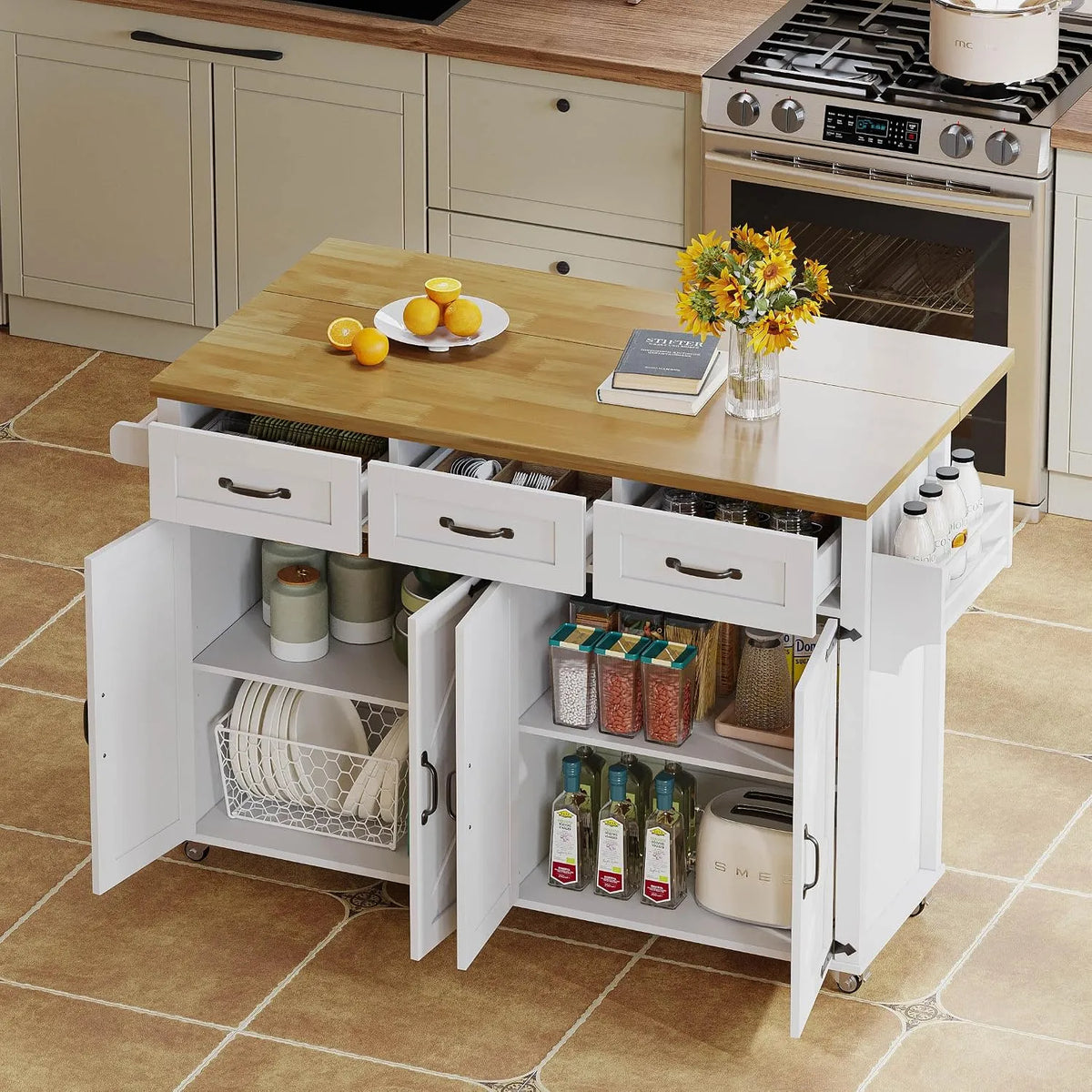 Wyspa kuchenna ze składanym blatem roboczym – MDF, z szufladami, składana konstrukcja, 4 drzwi, 3 szuflady, 140 × 43 × 70, 90, 5 cm