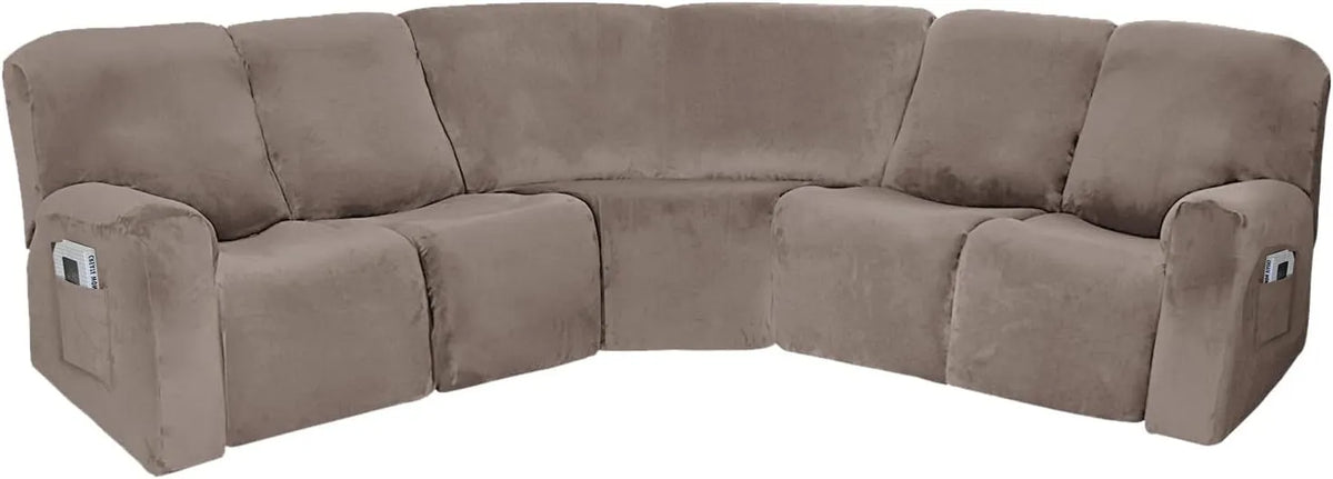 Sofa — w kształcie litery L, tapicerka aksamitna, 4-osobow, 5-osobowa, beżowy