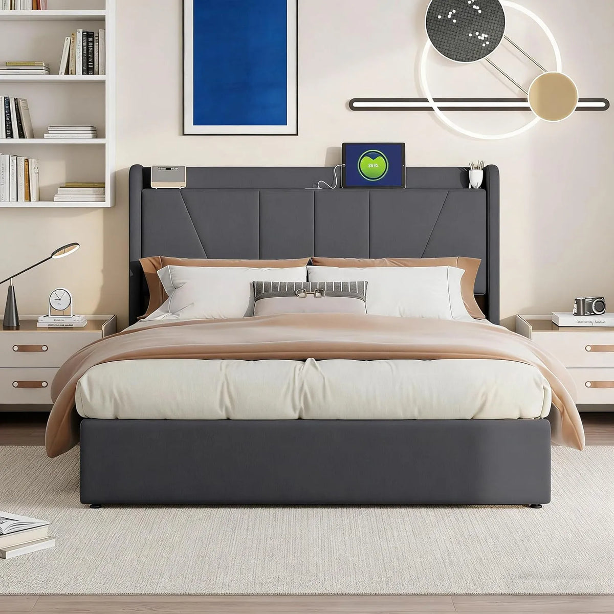 Łóżko tapicerowane i rama łóżka z obiciem: z portem USB, wyświetlacz LED, 160 × 200 cm, szary, z metalu