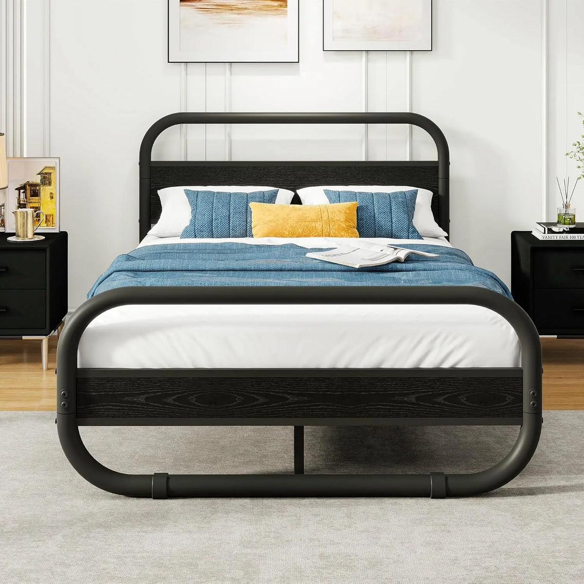 Metalowe łóżko 120 x 200 – z drewna, 120 × 200, 120 × 200 cm, czarny, tapicerka materiałowa