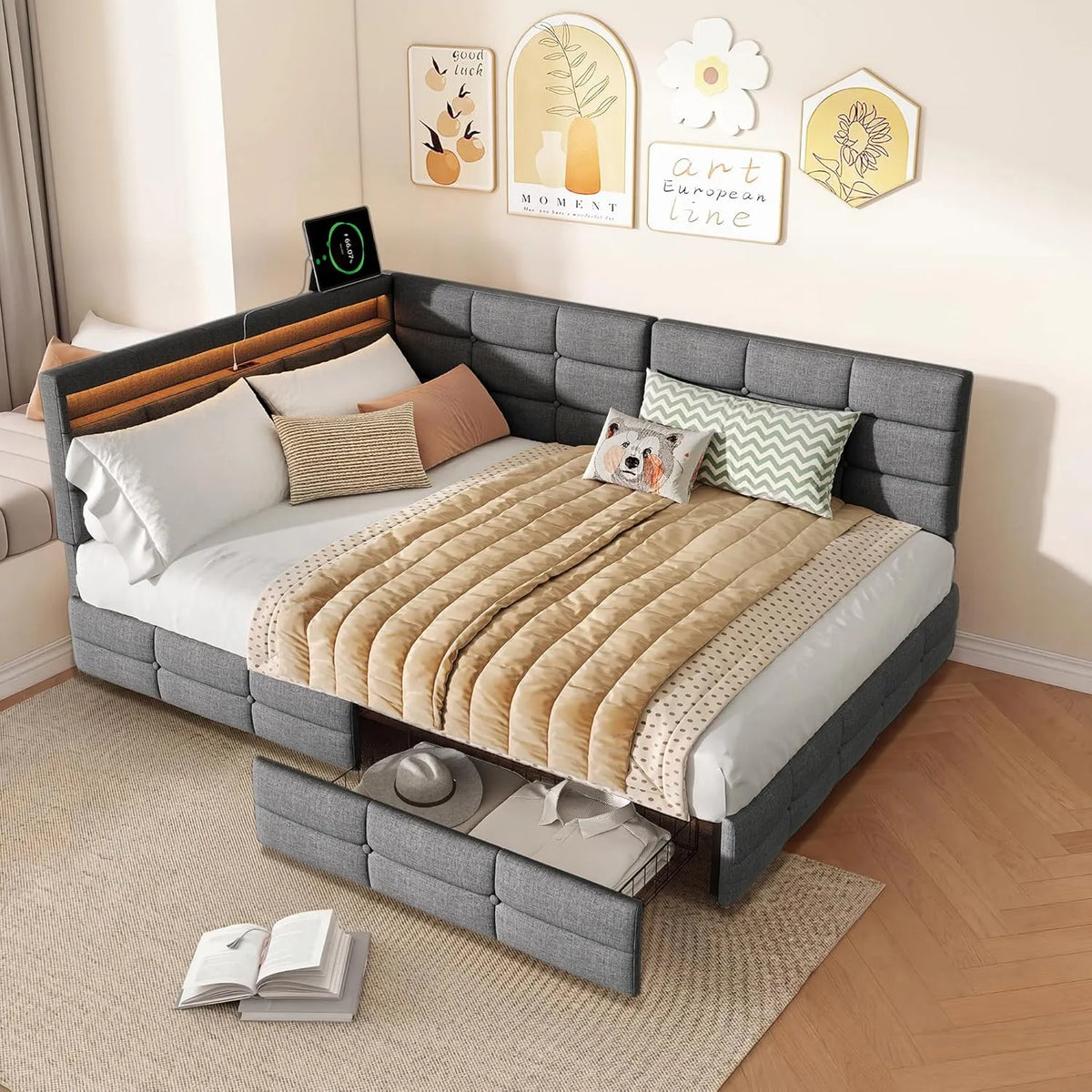 Sofa: w kształcie litery L, z szufladami, z portem USB, wyświetlacz LED, 140 × 200, szary, rozkładana konstrukcja, tapicerka materiałowa