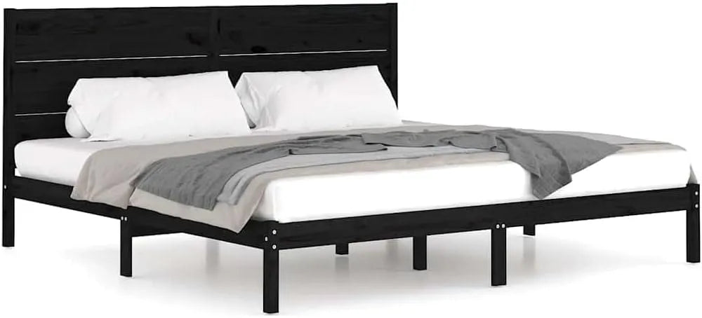 Łóżko z litego drewna sosnowego — z drewna, 200 × 200 cm, czarny, tapicerka materiałowa