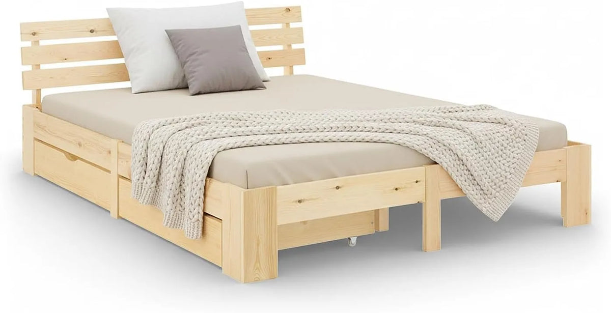 Homestyle4u 2250 – z drewna, z szufladami, 140 × 200 cm, tapicerka materiałowa