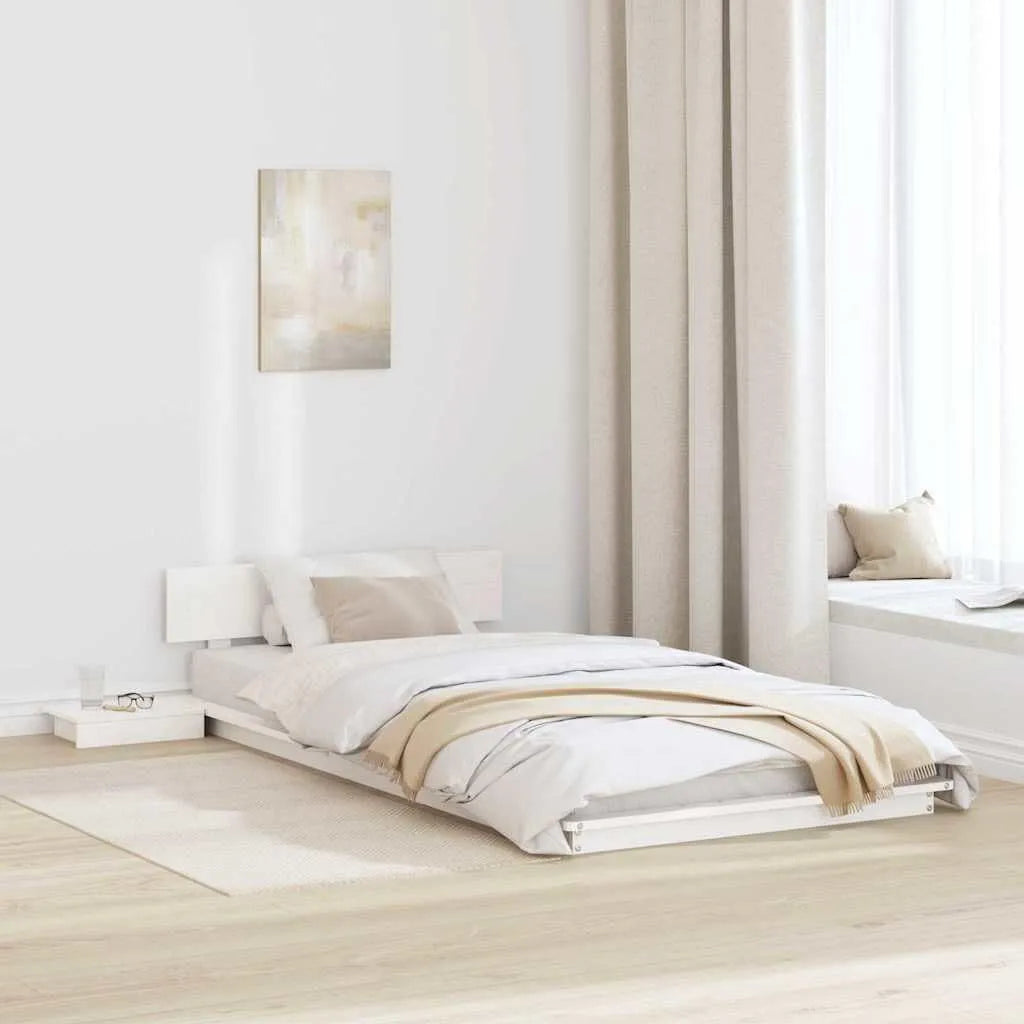 Nowoczesne łóżko podłogowe ze stolikiem nocnym — z drewna, 80 × 200 cm, biały, tapicerka materiałowa