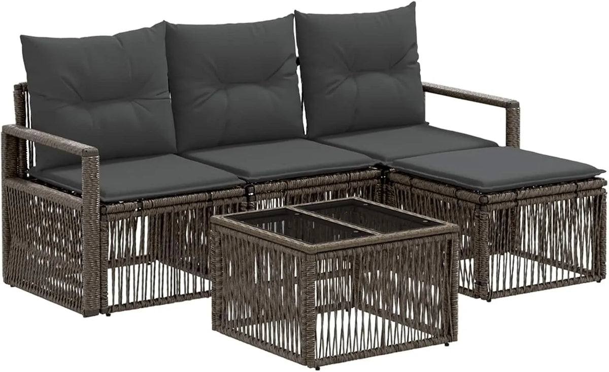 Sofa ogrodowa i sofa wypoczynkowa na taras — modułowa konstrukcja, z poduszkami, odporny na warunki atmosferyczne, z technorattanu, 5 pièces, szary