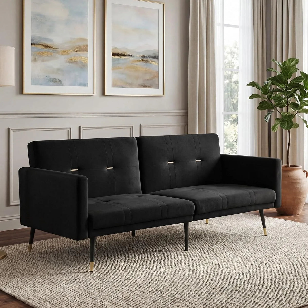 Sofa rozkładana i sofa z funkcją spania — z oparciem, tapicerka aksamitna, 2-osobowa, 150 cm, 3 w, czarny