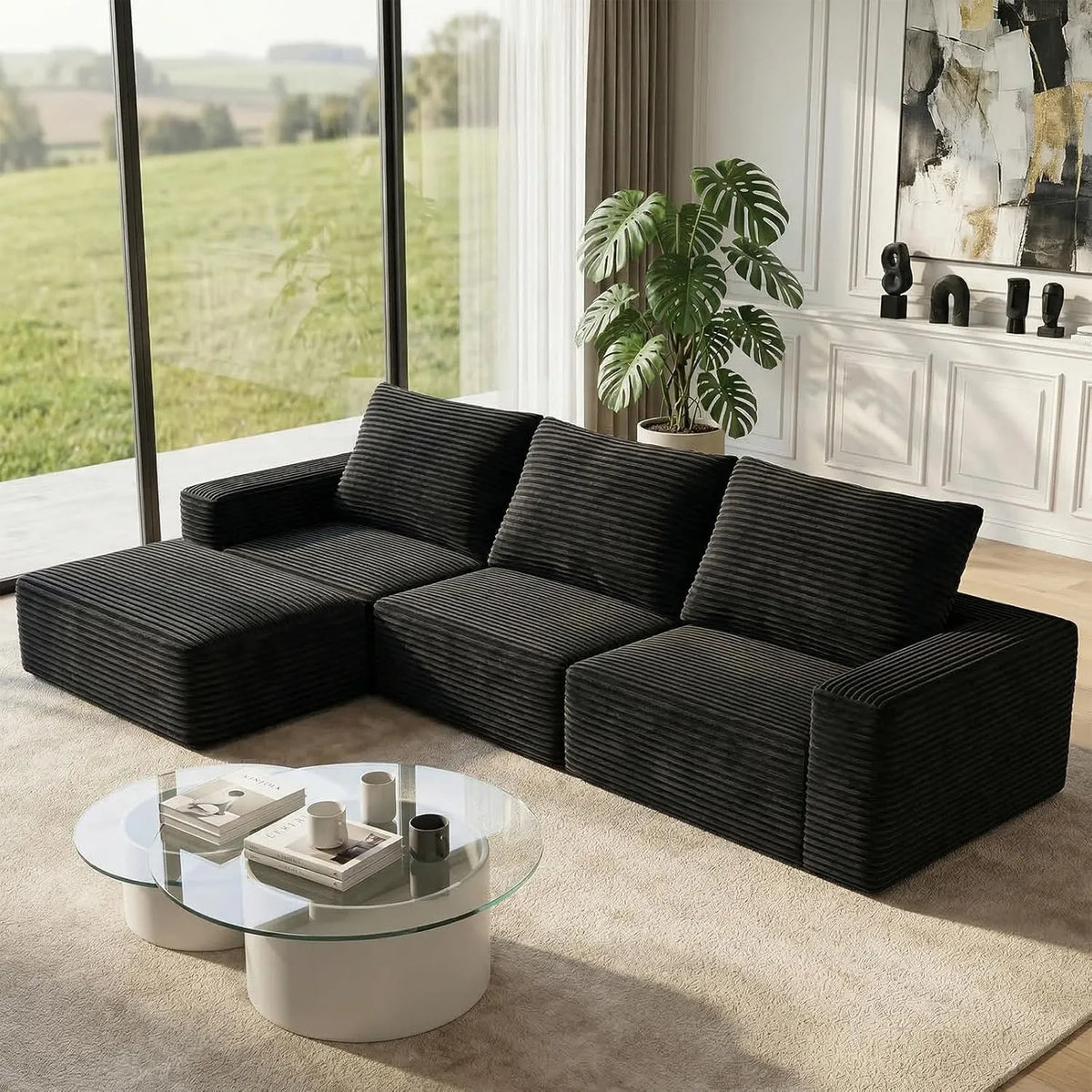Sofa narożna — modułowa konstrukcja, w kształcie litery L, z funkcją spania, z poduszkami, 3-osobowa