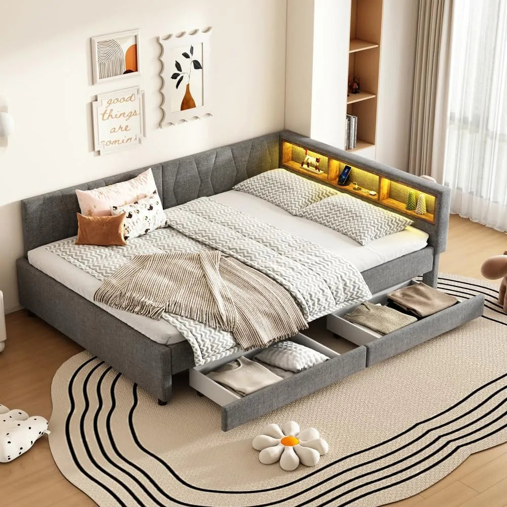 Łóżko dzienne i łóżko dla gości — z szufladami, z portem USB, wyświetlacz LED, 90 × 200 cm, 140 × 200 cm, szary, tapicerka materiałowa