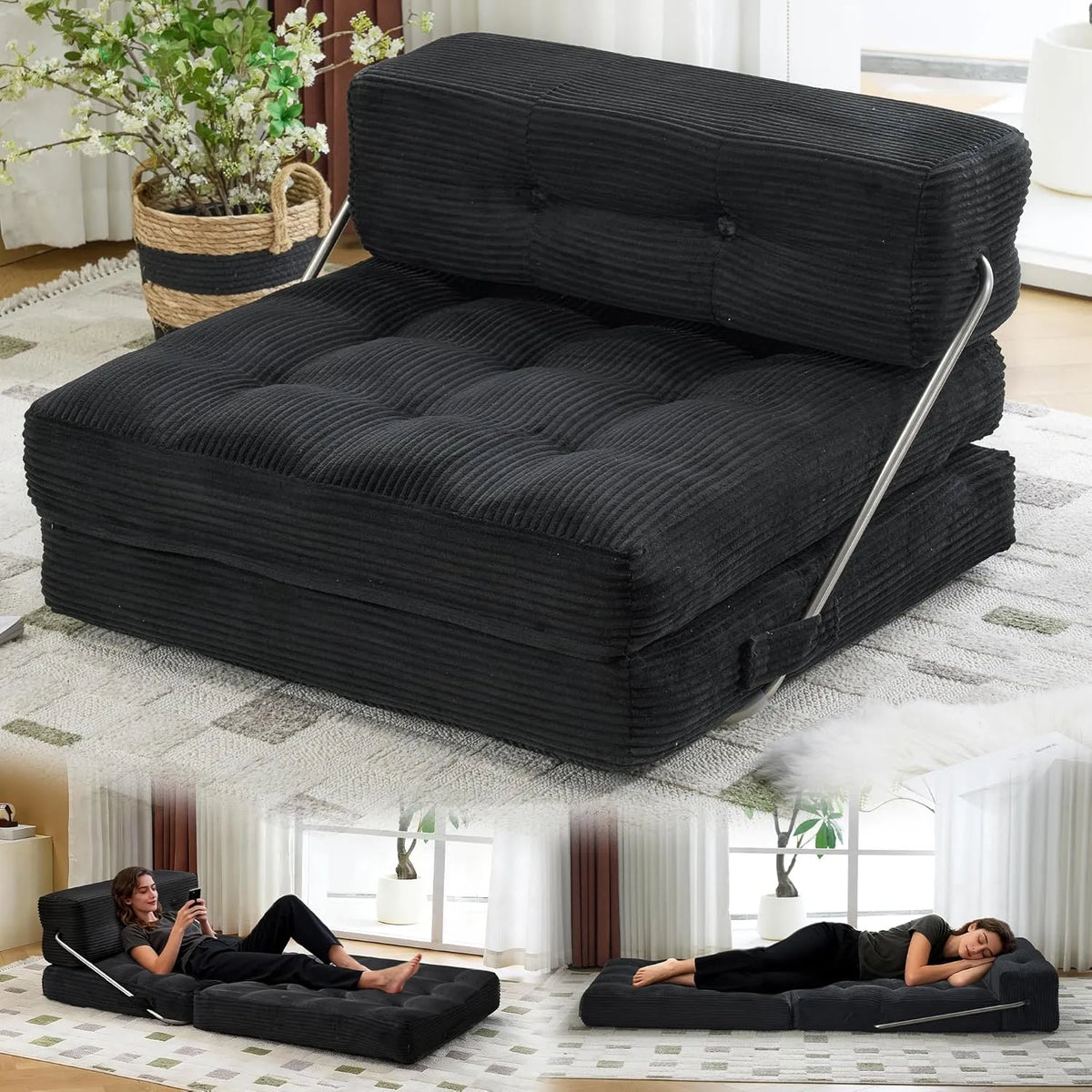 Sofa rozkładana i sofa z funkcją spania: wypełnienie piankowe, wodoodporna konstrukcja, 3 w, czarny