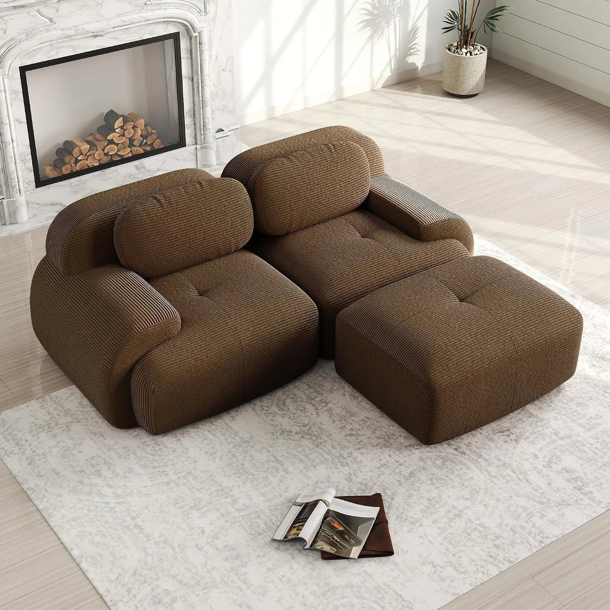 Sofa narożna — w kształcie litery L, głębokie siedzisko, z podłokietnikami, 2-osobowa, brązowy