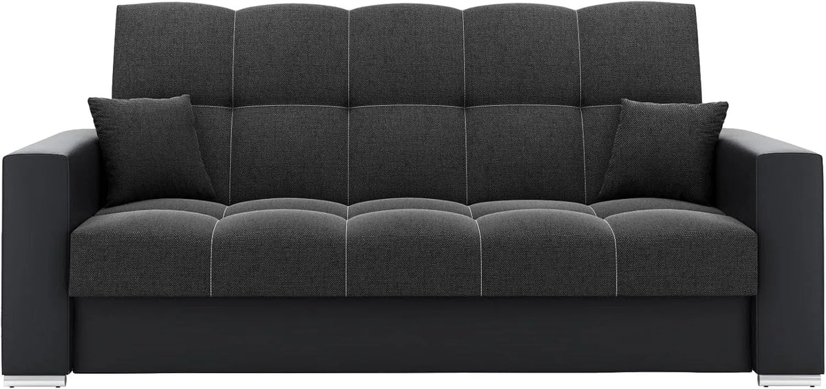 Sofa: EVITA, tapicerka materiałowa, z funkcją spania, z poduszkami, 220 × 91 × 85 cm, czarny, z pojemnikiem do przechowywania, rozkładana konstrukcja