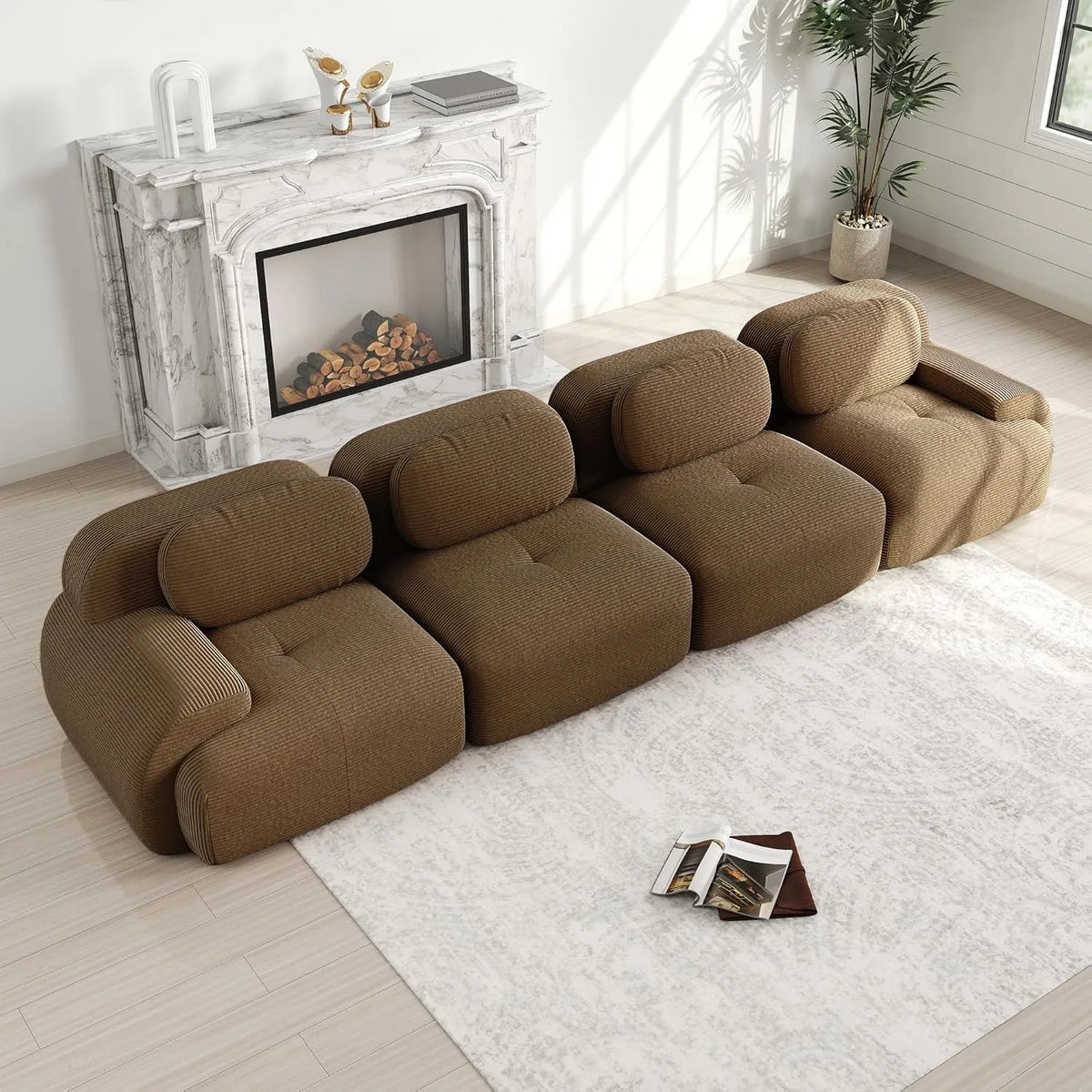 Sofa: H-4S, modułowa konstrukcja, ze sztruksu, 4-osobowa, 74 cm, brązowy