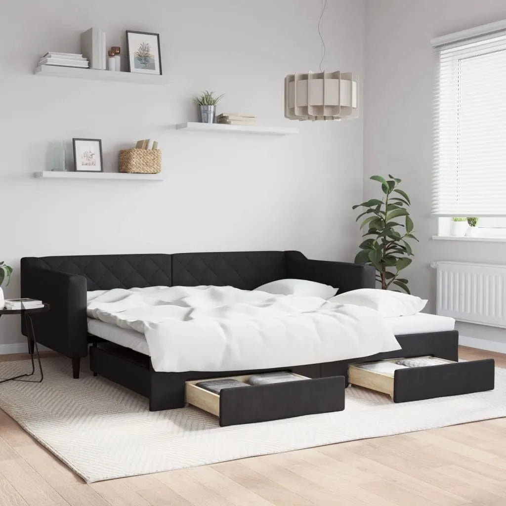 Sofa — z drewna, z szufladami, 2 szufladami, 100 × 200 cm, czarny, rozkładana konstrukcja, z metalu