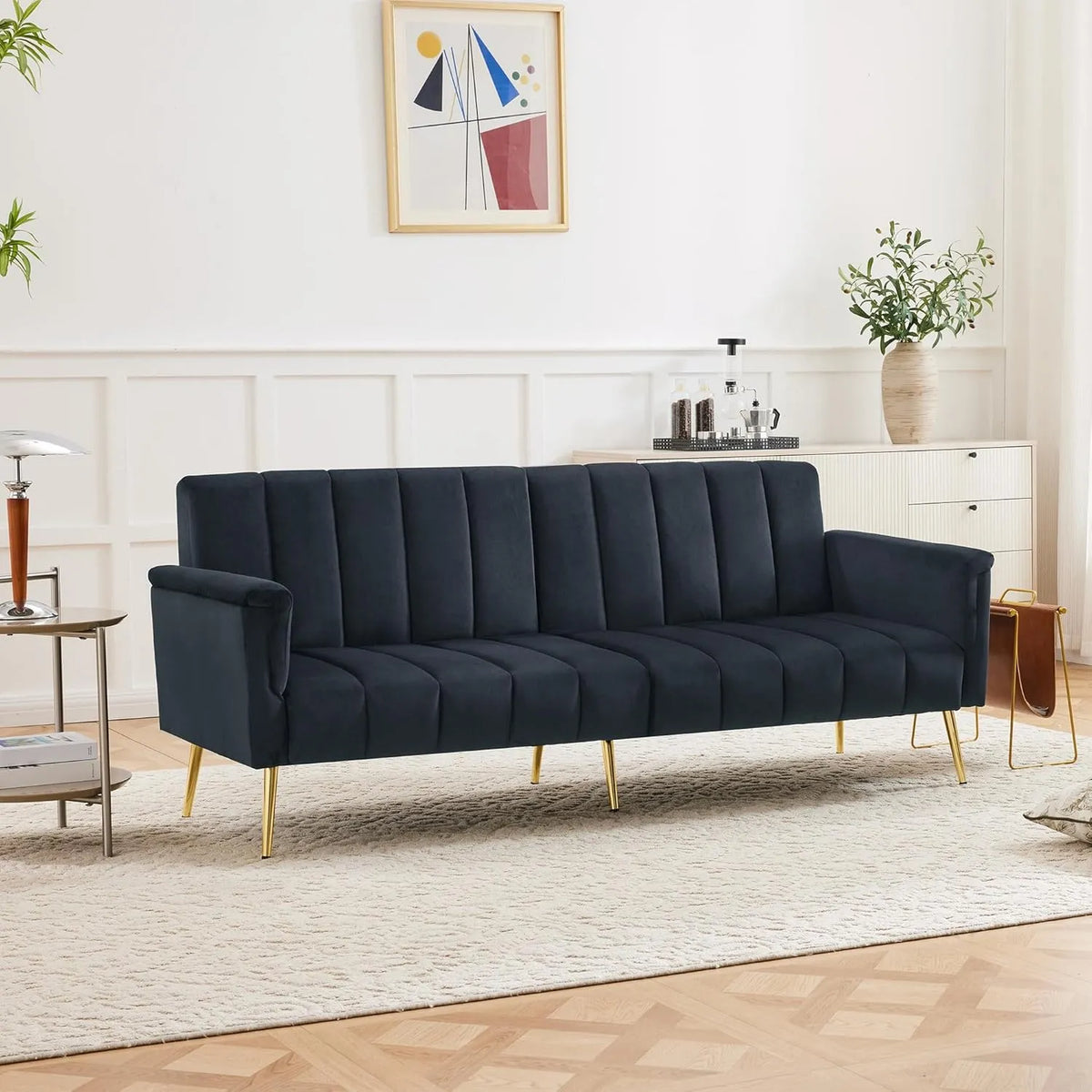 Sofa narożna: z funkcją spania, tapicerka aksamitna, regulowana konstrukcja, 3-osobowa, 183 × 76
