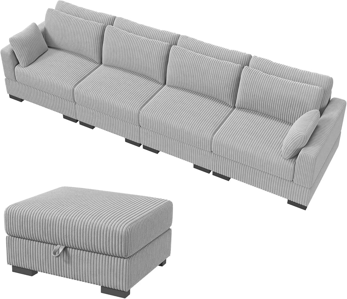 Sofa: modułowa konstrukcja, ze sztruksu, z podłokietnikami, z poduszkami, 4-osobowa, szary, dla 4 osób