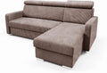 Sofa narożna – MAKO, tapicerka materiałowa, z funkcją spania, regulowana konstrukcja, 190 × 125 cm, 213 cm, brązowy, z pojemnikiem do przechowywania