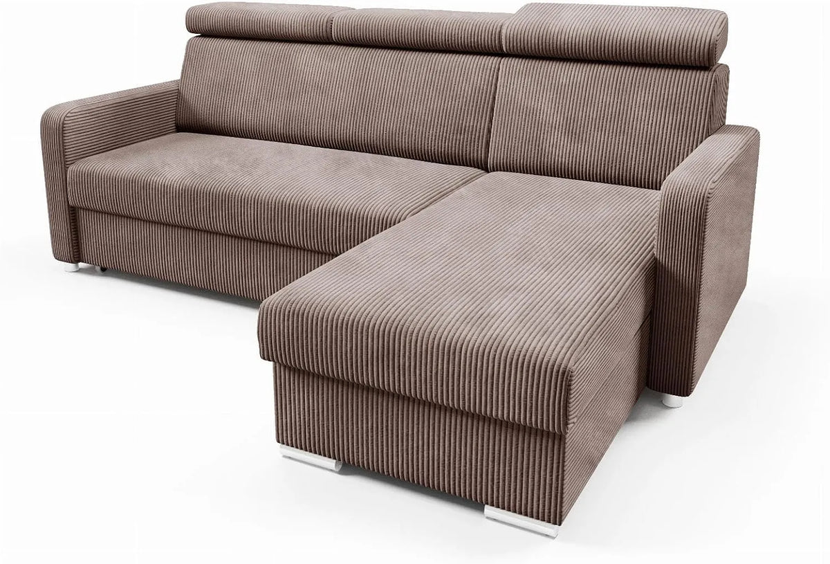 Sofa narożna – MAKO, tapicerka materiałowa, z funkcją spania, regulowana konstrukcja, 190 × 125 cm, 213 cm, brązowy, z pojemnikiem do przechowywania