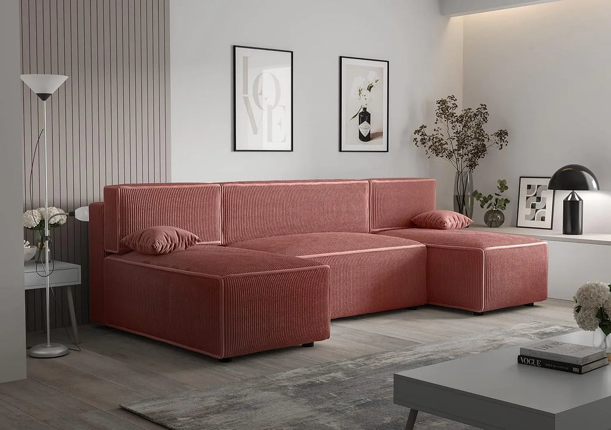 Sofa narożna: ze sztruksu, z funkcją spania, 290 cm, 85 cm, 105 cm, różowy