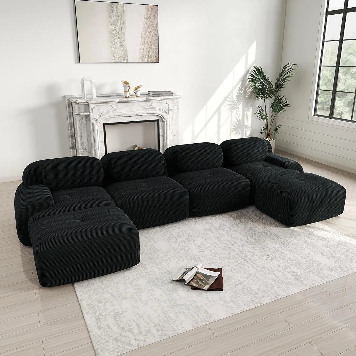 Sofa: w kształcie litery U, ze sztruksu, tapicerka materiałowa, 4-osobowa, czarny, tapicerka materiałowa