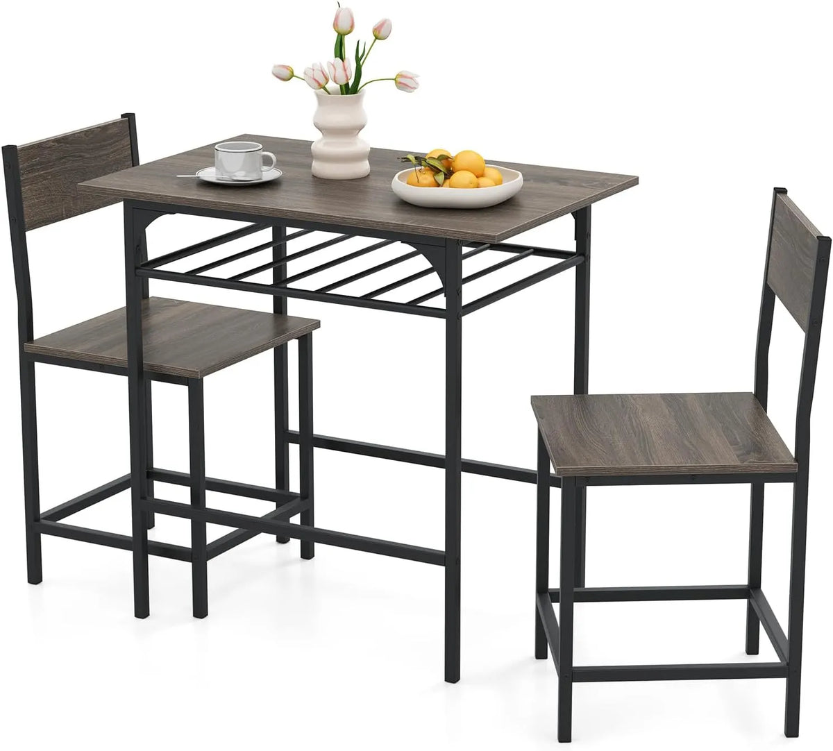 COSTWAY Stół do jadalni z 2 krzesłami – z drewna, 80 × 52, 5 × 77 cm, szary, z metalu