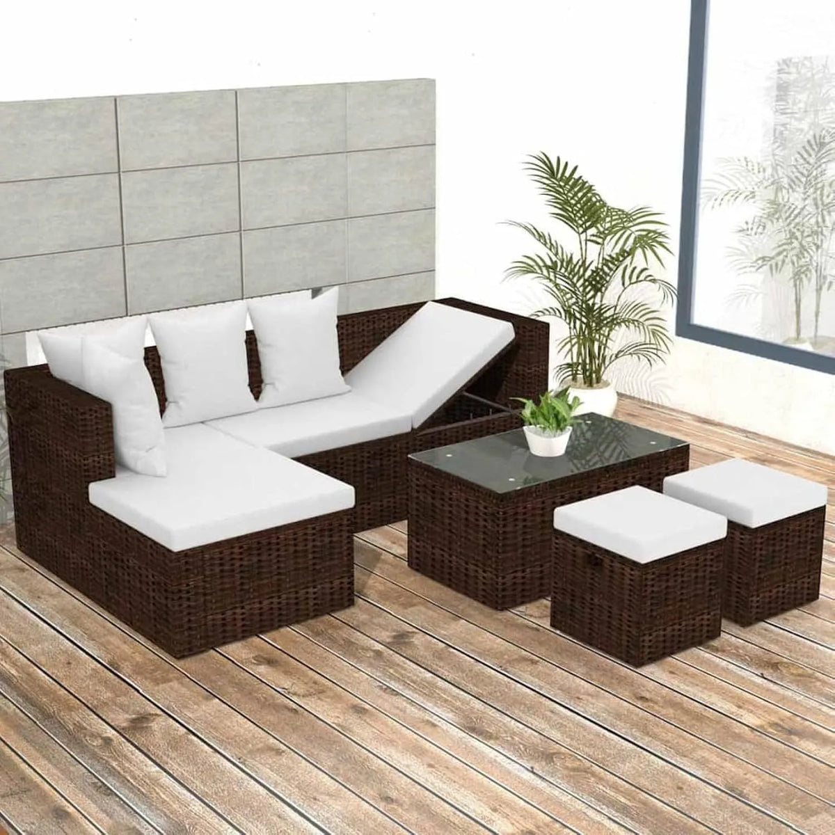 Sofa: modułowa konstrukcja, z poduszkami, brązowy, z technorattanu