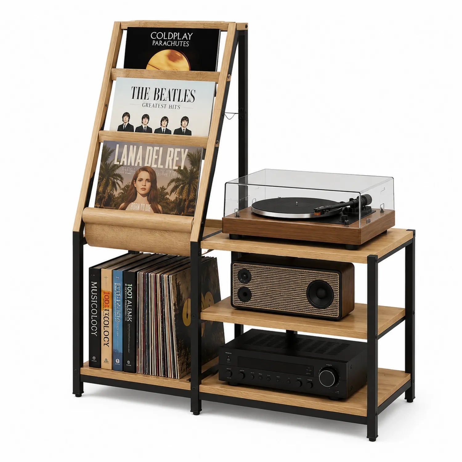 Estante de Madera y Metal para Vinilos y Electrónicos Negro