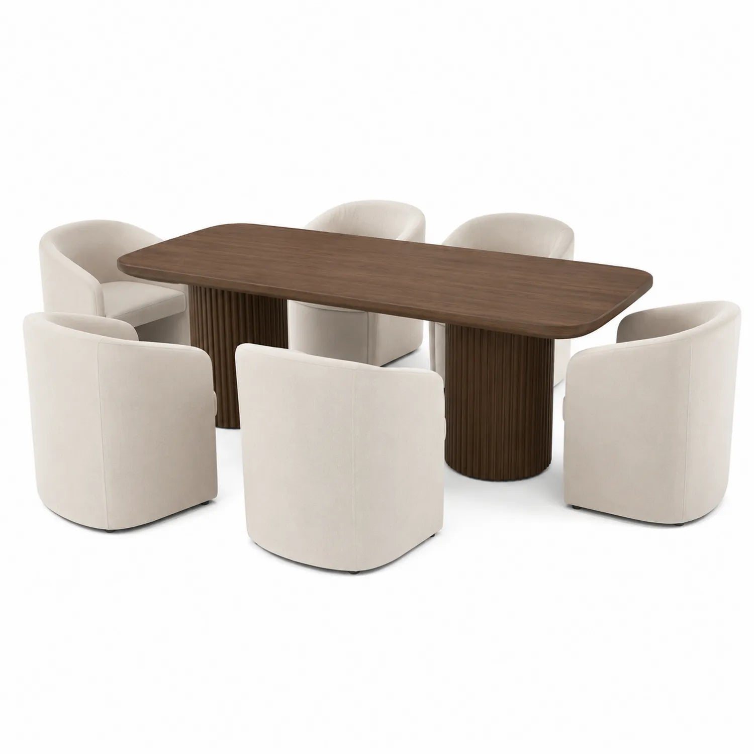 Conjunto de comedor con mesa de madera y 6 sillas de tela beige
