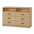 Cómoda de madera con 8 cajones y estantes abiertos Roble Claro 140cm x 80cm x 40cm