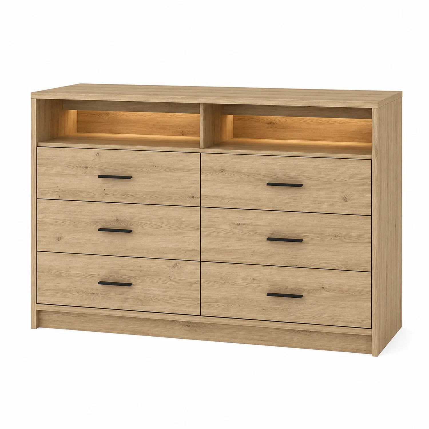 Cómoda de madera con 8 cajones y estantes abiertos Roble Claro 140cm x 80cm x 40cm