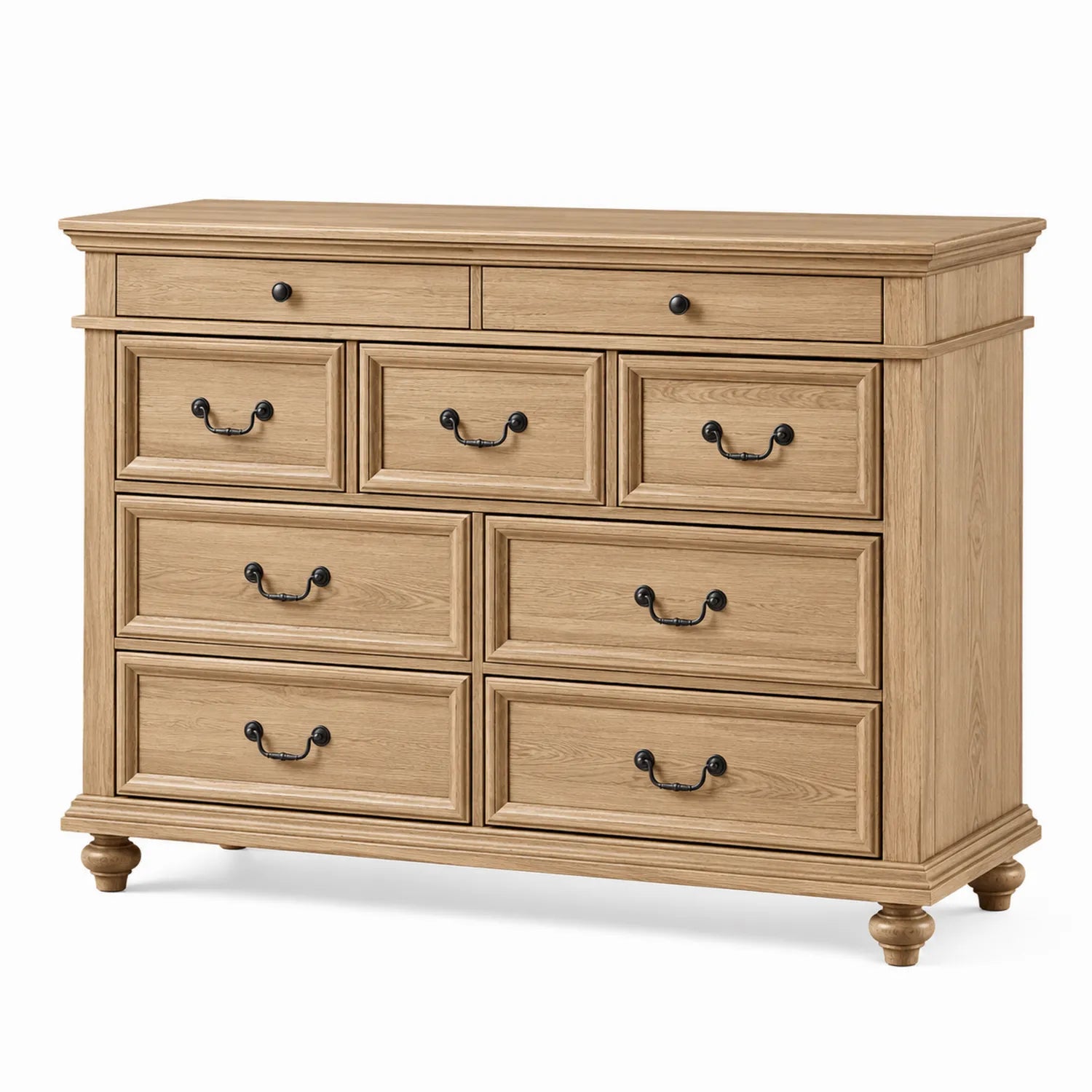 Cómoda de 7 cajones de madera con acabado en roble natural