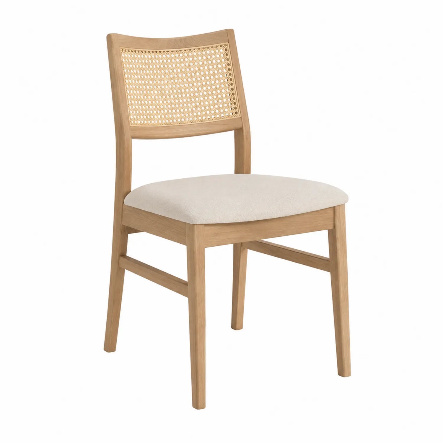 Silla de madera con respaldo de mimbre y asiento de poliéster beige